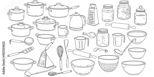 A collection of kitchen utensils and cookware in a simple line drawing silhouette