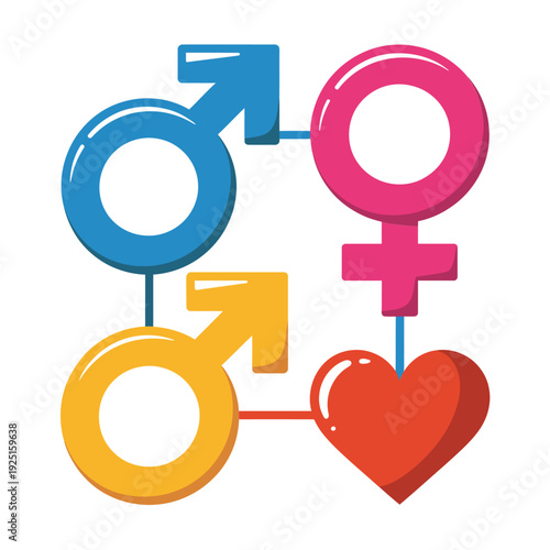 Gender symbols with heart vector for pride celebration, love equality campaign, inclusive relationship icon set, social awareness poster, community design