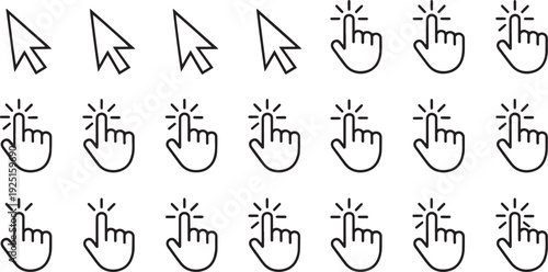 Collection of hand gesture icons with arrows and sparkle effects isolated on transparent