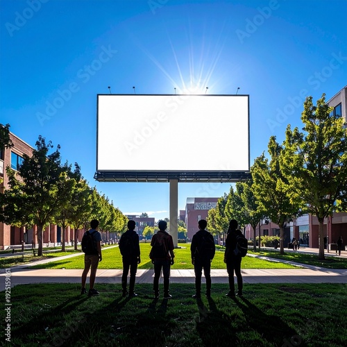 Five people contemplate a large blank billboard bathed in bright sun