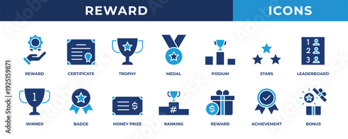 Rewards icon set. Contains blue icons related to certificate, trophy, medal, winner, reward, and more.