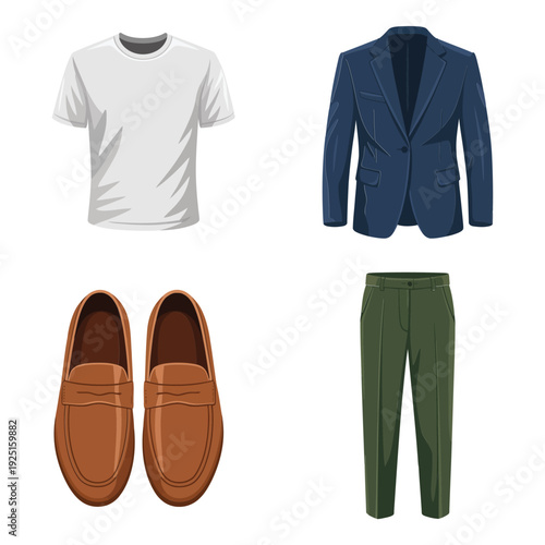 Modern men outfit illustration with navy blazer, green pants, white t shirt and brown loafers, smart casual fashion design