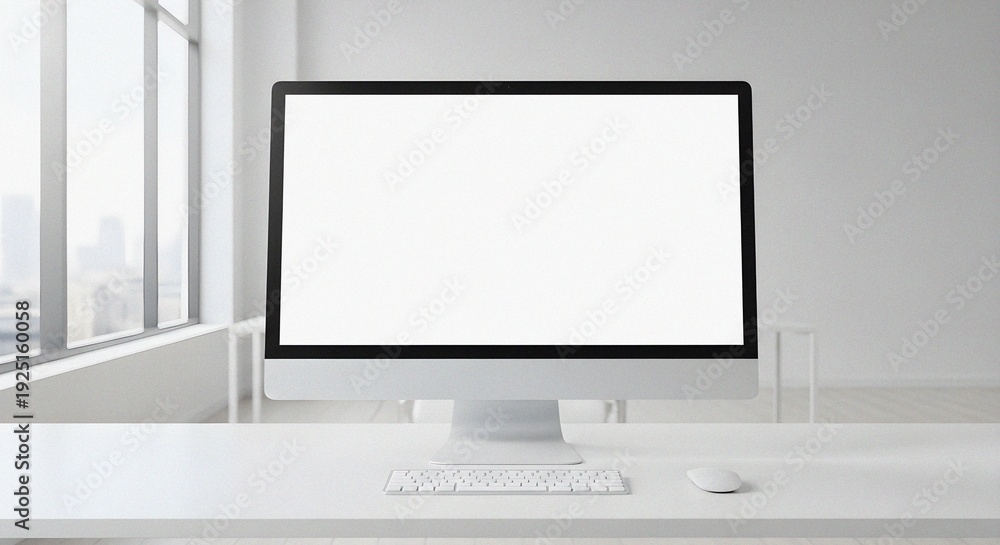 Fototapeta premium Sleek desktop computer showcasing empty display on white desk in bright contemporary office high-key aesthetic