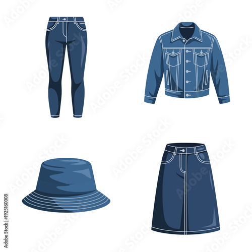 Light blue denim outfit set with shirt high waist jeans skirt and bucket hat, summer casual fashion vector for catalog