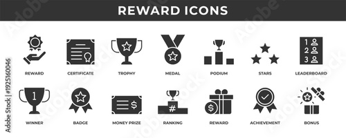 Rewards icon set. Contains solid icons related to certificate, trophy, medal, winner, reward, and more.