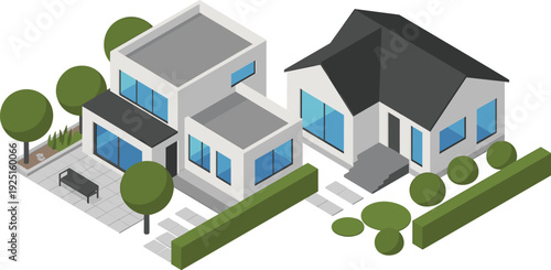 3D isometric modern residential houses illustration, contemporary suburban homes with garden landscape driveway real estate architecture concept