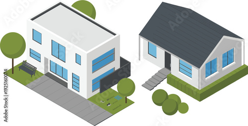 3D isometric modern houses illustration, contemporary residential homes with garden driveway suburban architecture real estate concept design