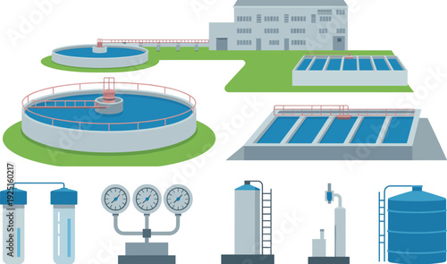 Flat minimalist water treatment plant illustration, industrial filtration tanks sedimentation basins and purification equipment for wastewater management system