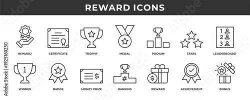 Rewards icon set. Contains line icons related to certificate, trophy, medal, winner, reward, and more.