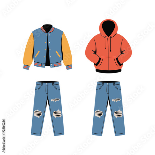 Urban streetwear collection with varsity jacket, hooded sweatshirt and ripped jeans, fashion outfit graphics for youth culture, lifestyle branding