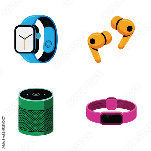 Wearable tech expo icons, smartwatch, wireless earbuds, fitness band, smart speaker, gadget showcase poster, consumer electronics fair session graphics