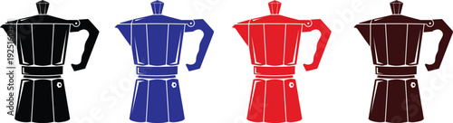 Set of moka pot silhouettes in black, blue, red and brown colors, Italian espresso maker icons for cafe, kitchen, coffee shop and breakfast