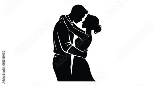 a black silhouette of a couple embracing, with the man and woman facing each other and holding each other closely.