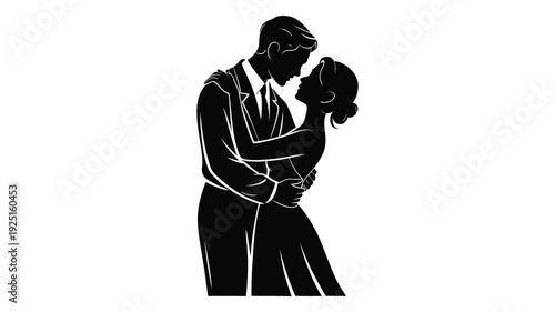 a black silhouette of a couple embracing, with the man and woman facing each other and holding each other closely.
