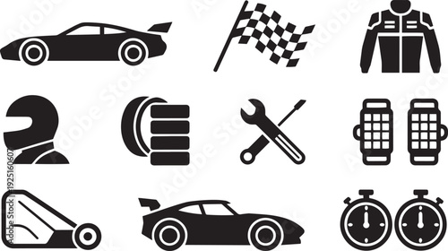 Collection of racing and automotive themed icons isolated on transparent background