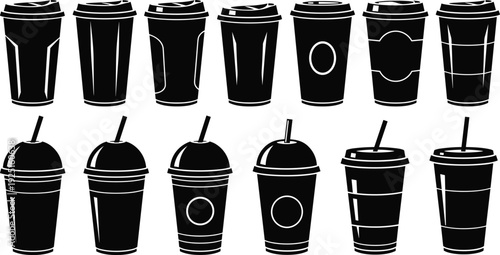 Set of disposable coffee and cold drink cup silhouettes including plastic lids, straws, paper sleeves, take away cafe containers and beverage icons