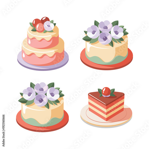 Decorated dessert vector collection with layered cakes, floral frosting, berry slice, bakery clipart for menu design, patisserie branding, celebration invitations