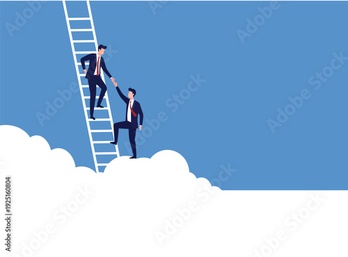 Two business people helping each other climb a ladder towards the clouds