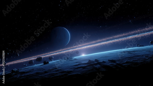 Space background with colorful nebula Galaxy Cloud. Bright galaxy shimmering neon blue purple colors with distant stars. Mysterious alien star system purple green planets orbiting a bright glowing sun