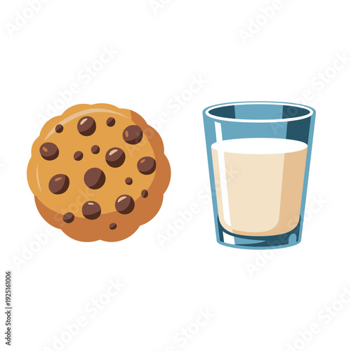 Chocolate chip cookie with glass of milk illustration for bakery poster, snack menu, kids party, bedtime treat graphic, dessert branding