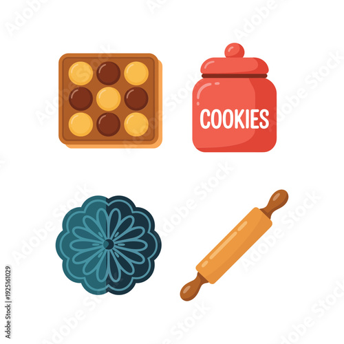 Cookie jar and biscuit stamp baking icons for Christmas holiday kitchen, bakery logo, recipe blog, sweet dessert party design