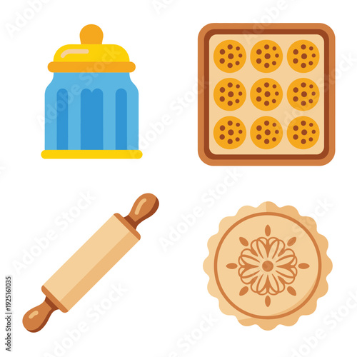 Cookie jar, decorative biscuit and rolling pin illustration for winter baking festival, homemade pastry recipe card, bakery shop design