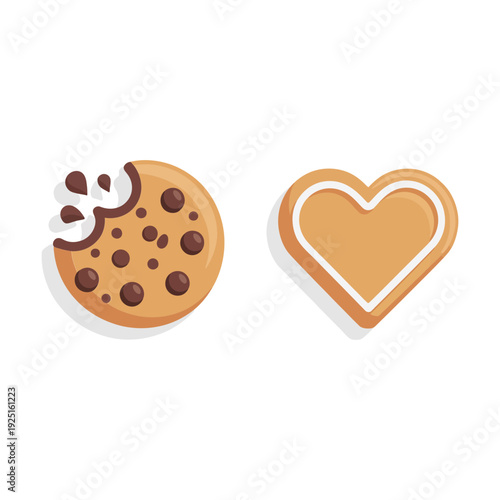 Bitten chocolate chip cookie and heart biscuit illustration for valentines day card, bakery branding, sweet love dessert design template vector