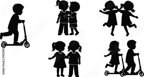 Set of children silhouettes playing including boy and girl riding scooters, friends hugging, sisters standing together and kids dancing vector illustrations set