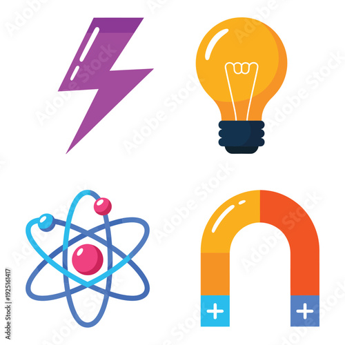 Colorful stem education icons with lightning bolt, light bulb, horseshoe magnet, atomic symbol and battery, science fair vector for classroom