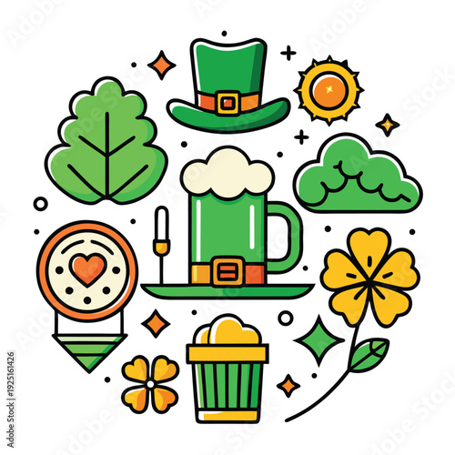 St Patricks Day background with green shamrocks gold coins and festive beer mugs celebration icon