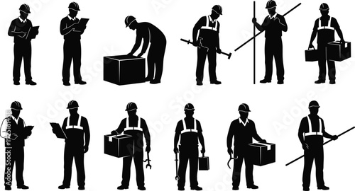 Set of construction worker silhouettes carrying boxes, holding clipboards, using measuring tools and industrial equipment for warehouse logistics, building site and renovation work