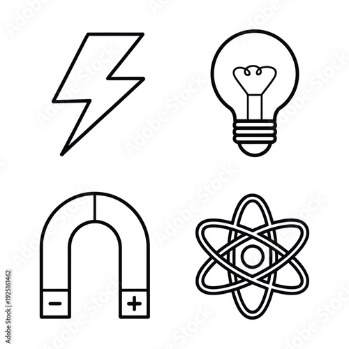 Science education icons with lightning bolt, idea light bulb, horseshoe magnet and atomic symbol for physics classroom posters and experiments