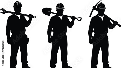 Set of construction worker silhouettes carrying heavy tools including large wrench shovel and pickaxe wearing hard hats and tool belts for industrial work