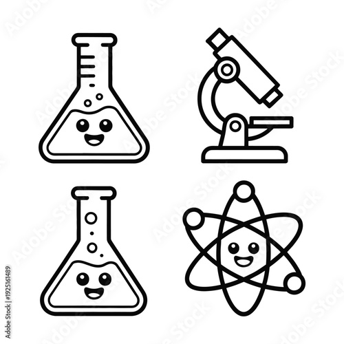 Cute chemistry icons with smiling beakers, lab flask, microscope outline and atomic model for classroom decor, kids science, teaching materials