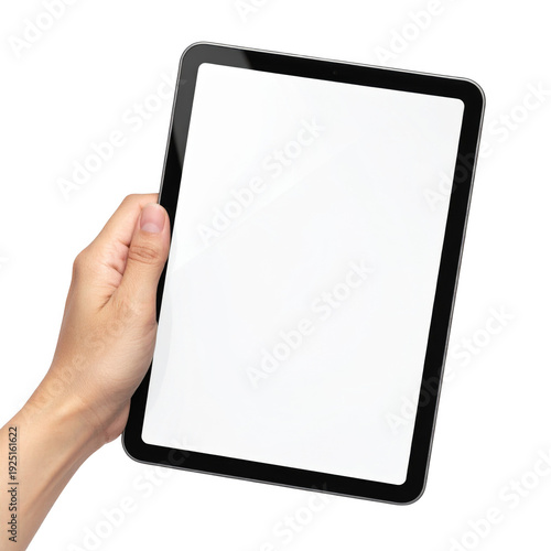 A hand holding a blank tablet isolated on transparent background