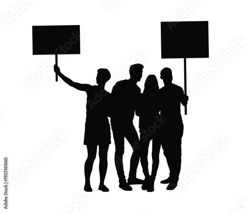 Group activists protesting holding placards and signs front view black silhouette vector illustration. Diverse crowd with placard signs walking on the street at protest march silhouettes.