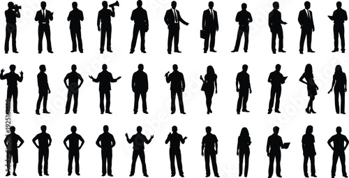 Set of business professional silhouettes including corporate executives in suits, office workers, managers standing, walking and gesturing, professional people vector illustrations for business