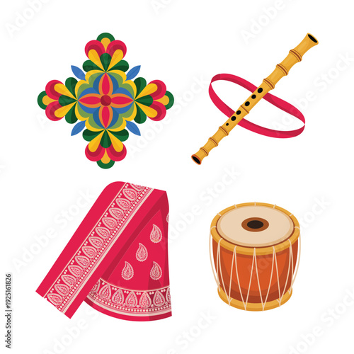 Rangoli pattern, hoop game, saree border and drum icons, harvest fair poster, folk sports session graphics, cultural celebration vector set
