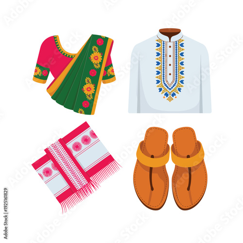 Saree blouse, embellished kurta, handwoven shawl and sandals, cultural wedding expo poster, apparel craft session graphics, traditional fashion vector set