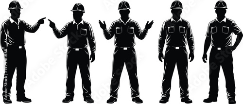 Set of male and female construction worker silhouettes, industrial builder characters with tools, hard hats, tool belts, foreman and engineer vector illustrations