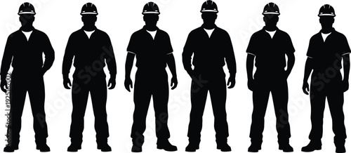 Set of construction worker silhouettes including male and female builders with tools, hard hats, industrial engineers, foreman characters and professional renovation team illustrations
