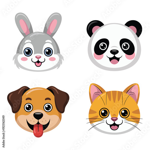 Cute animal face collection with bunny, panda, puppy and kitten heads, cartoon pet icons for kids stickers, party design