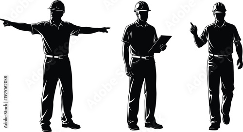 Set of construction worker silhouettes wearing hard hats, industrial engineer characters, foreman standing, pointing and holding clipboard, professional builder vector illustrations for renovation