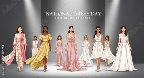 Diverse women and girls in elegant dresses on a runway for national dress day highlighting cultural heritage and fashion