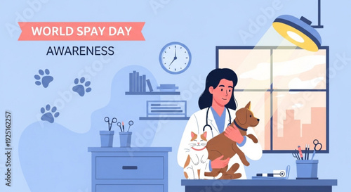Veterinarian holding dog and cat on world spay day awareness in clinic