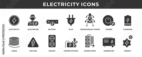 Contains solid icons related to electrician, battery, voltage, generator, plug, and more.