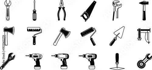 Set of hand tools black and white vector icons for construction renovation carpentry repair work equipment with hammer saw drill wrench and axe