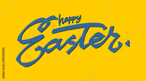 Happy Easter Hand Drawn Lettering Yellow. Vibrant Blue Holiday Typography with Shadow Effect for Urban Seasonal Branding Design.