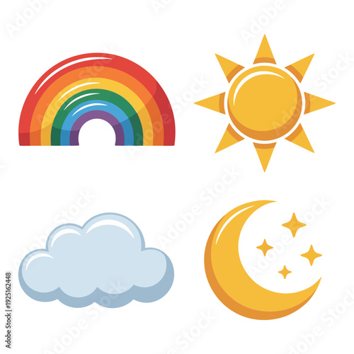 Rainbow, sun, moon and cloud cute weather icons for children room decor, nursery wall art, spring season celebration design