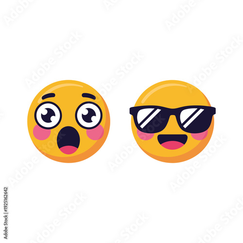 Surprised emoji face and cool sunglasses smile icon set for social media reaction, chat sticker pack, messaging app design